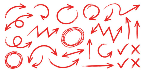 Various Hand Drawn Red Arrows, Circles, Checks and X Marks for Marking and Highlighting