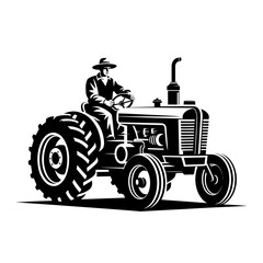 Vintage Farmer Driving Tractor in Black and White Illustration on Farm