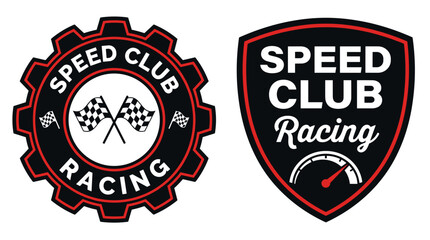 Obraz premium Speed Club Racing Emblems Featuring Checkered Flags, Gear Wheels, and Speedometer