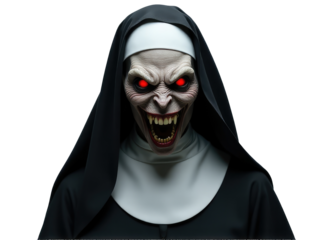 A nun with unusual red eyes and a creepy expression