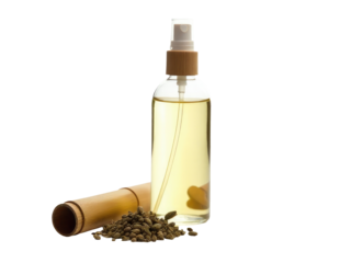 A bottle of oil sits next to a pile of freshly roasted coffee beans, ideal for cooking or brewing
