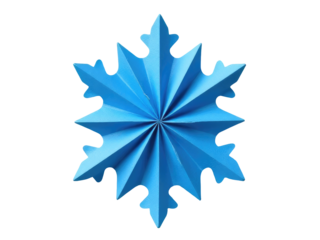 A delicate blue paper snowflake against a clean white background