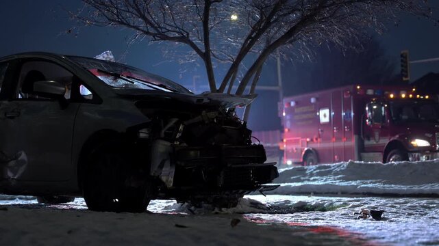 POV Close up. Nighttime scene of a damaged car after a crash, resting on a snowy roadside with emergency vehicles. Flashing red and blue lights illuminate the wrecked vehicle