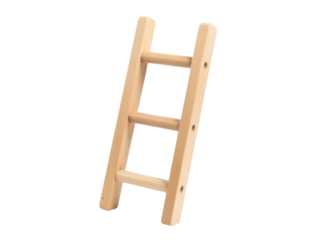 A wooden ladder standing alone on a plain white surface