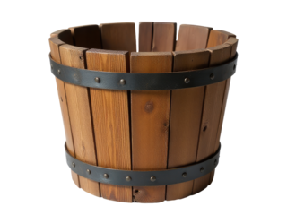 A wooden bucket with metal straps on a white background, perfect for rustic or industrial themed designs