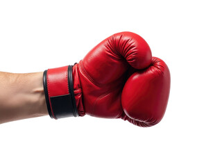 A person wearing a red boxing glove, ready to fight or spar