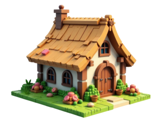 A small toy house with a brown roof and details of windows and door