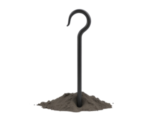 A black metal hook sits on top of a pile of dirt, ready for use