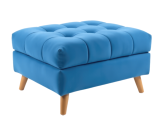 A blue ottoman with wooden legs on a white background