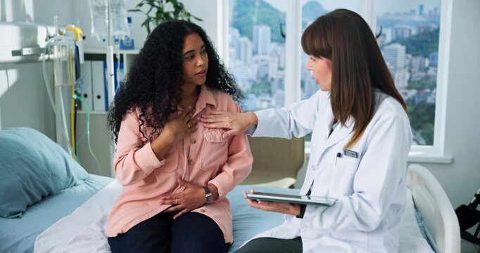 Tablet, doctor and throat with woman in hospital for hashimoto diagnosis, advice or thyroid checkup. Medical evaluation, digital report and endocrinologist assessment with people for symptoms history