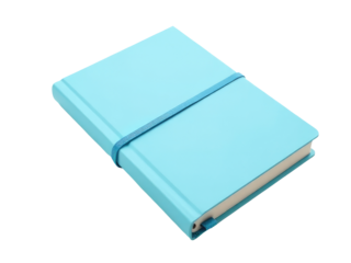 A blue notebook bound with a matching blue ribbon