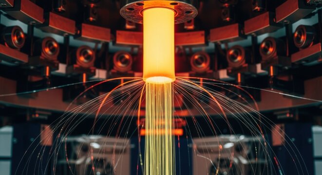 Semitransparent fiberoptic strands cascading like waterfall from glowing preform in the heart of an advanced optical fiber drawing tower.