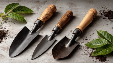Three gardening tools, including a trowel and a spade, are laid out on a table. The trowel is positioned on the left side of the table, while the spade is on the right side. The third tool