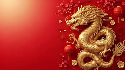 Obraz premium Golden dragon on red background with lanterns and chinese new year decorations