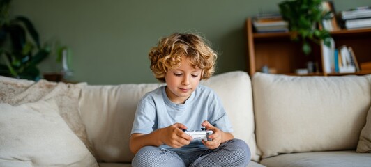 A young boy sitting on a couch holding a remote control.