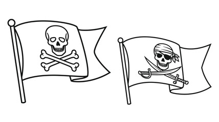 Two pirate flags with skull and crossbones imagery black and white silhouette