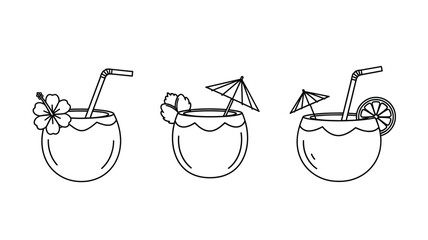 Tropical coconut drinks with floral and fruit garnishes a black silhouette