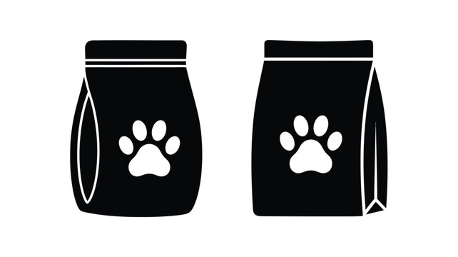 Two black pet food bag silhouettes with paw prints a simple design silhouette