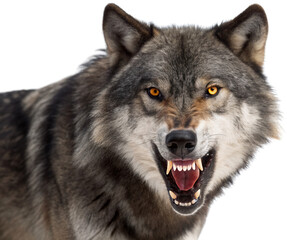 Fototapeta premium Close-up frontal view of a grey wolf with sharp, bared teeth and glowing amber eyes, its fur displaying a detailed, textured pattern with hints of brown and, isolated on transparent background.