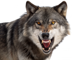 Close-up frontal view of a grey wolf with sharp, bared teeth and glowing amber eyes, its fur displaying a detailed, textured pattern with hints of brown and, isolated on transparent background.