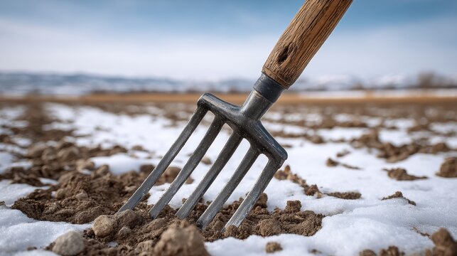 A metal fork is sticking out of the ground in a field. The fork is bent and has a few snowflakes on it. Concept of cold and stillness, as the snow covers the ground