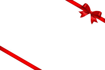 Red satin ribbon frame with shiny bow in top right corner, decorative vector element for romantic cards, invitations, wedding announcements and festive design