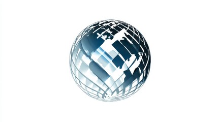 A stylized, three-dimensional representation of Earth, rendered in shades of blue and white, against a stark, pure white background. The globe is geometric and abstract