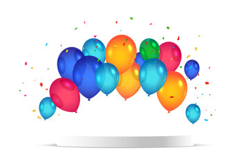 Vector illustration of colorful helium party balloons with confetti for a happy birthday celebration or holiday carnival design