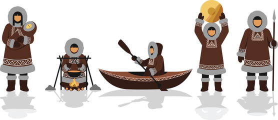 Traditional Inuit people in cultural activities with kayak, drum, spear, and fire cooking, flat vector illustration © Creative_design