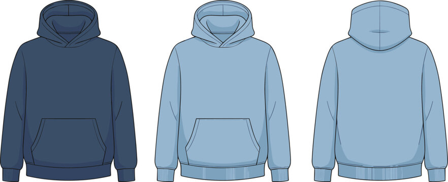 Three hoodie illustrations front and back view, dark and light blue, ribbed cuffs, pocket detail, fashion asset, flat vector illustration