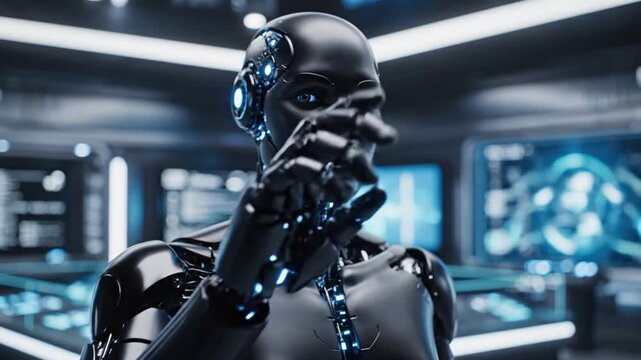 Artificial intelligence humanoid robot portrait futuristic concept dark metallic skin digital design render