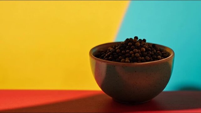 Organic Black Peppercorns in Ceramic Bowl over Vibrant Colorful Background