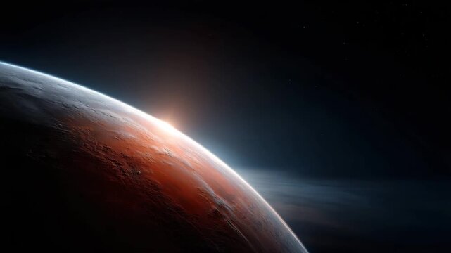 Planet Mars seen from deep outer space, dramatic curved Martian horizon glowing with warm orange and copper tones, subtle surface texture visible along the pla