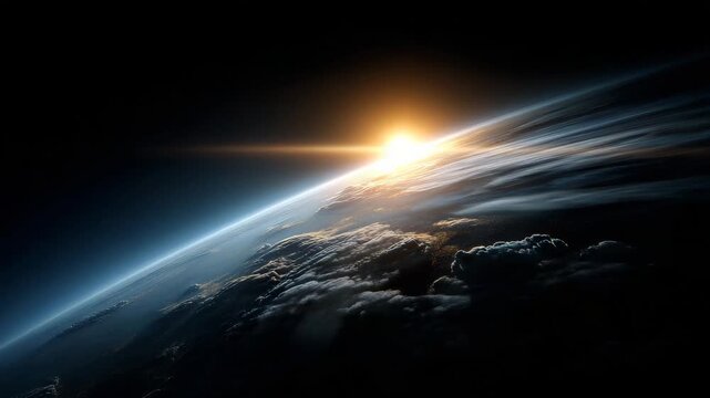 Planet Earth seen from deep outer space with a dramatic sunrise emerging over the curved horizon, intense blue atmospheric glow and radiant light rays spreading