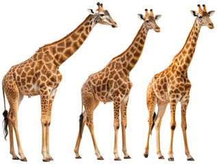 Fototapeta premium Three lifelike and photorealistic giraffes, rendered with intricate detail of their brown and tan spotted coats and long necks, standing gracefully on their, isolated on transparent background.