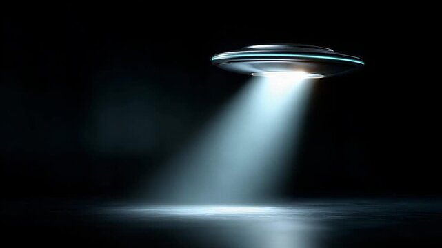 UFO hovering motionless in complete darkness, classic disc-shaped alien spacecraft with subtle metallic texture and soft cyan rim lights, powerful white beam of light proj