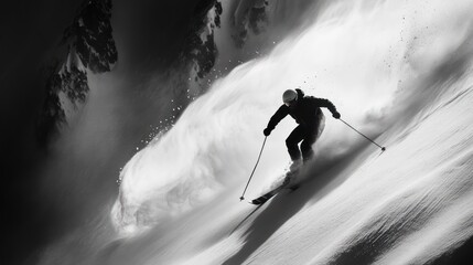 Skier carving through fresh powder on a mountain slope
