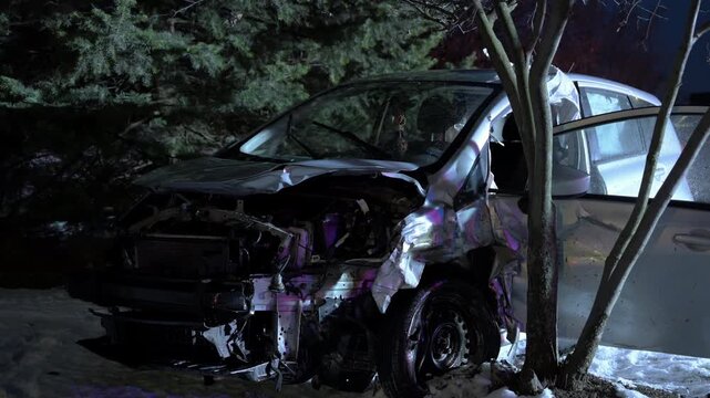 POV Close up. Nighttime scene of a damaged car after a crash, resting on a snowy roadside. Flashing red and blue lights illuminate the wrecked vehicle