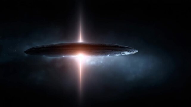 UFO hovering motionless in deep outer space, classic disc-shaped alien spacecraft emitting a powerful vertical beam of glowing light from its center, advanced extraterre