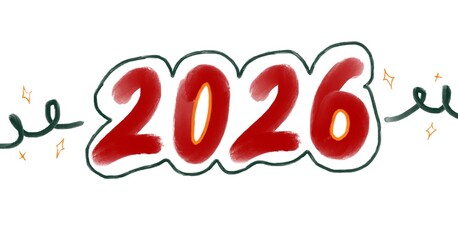 Happy New Year 2026. Hand drawn New Year oil red illustration with green elements.