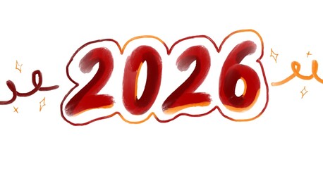 Happy New Year 2026. Hand drawn New Year oil red illustration with elements.