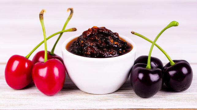 Creamy chipotle dip with visible chili flakes in a white bowl, surrounded by sweet red and dark cherries on wood