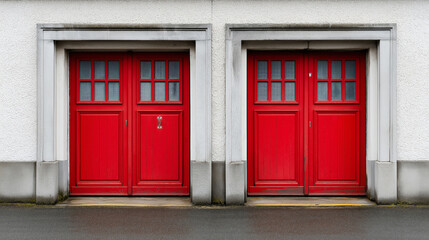 Fototapeta premium Fire station facade with two bold red doors framed by stone. Building architecture symbolizing emergency, protection, and response