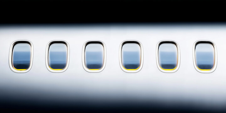 Row of aircraft windows on exterior fuselage reflecting blue sky and light, symbolizing air travel, journey, and transportation