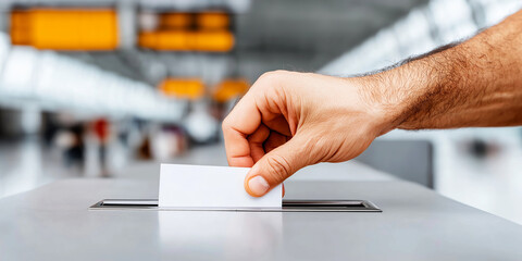 Male hand scanning a boarding pass or identity card at an automated self service check in kiosk. Travel and airline concept