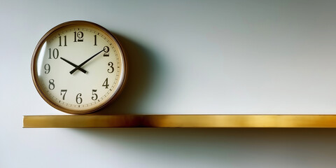 Round analog clock with a gold frame and black numbers sitting on a metal floating shelf, offering copy space