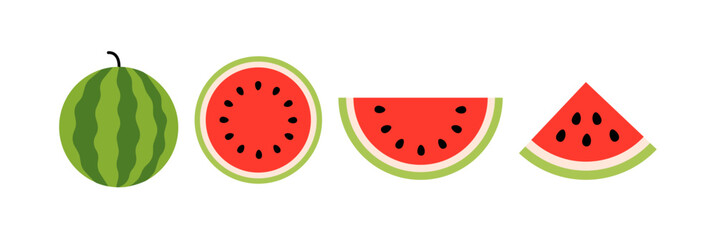 Set of watermelon slices and whole fruits in different angles and cross-sections on white background.