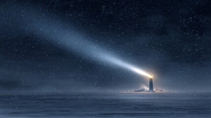 A tall, slender structure emits a bright beam of light into a dark, starry night over a snowy expanse. The beacon stands as a guide