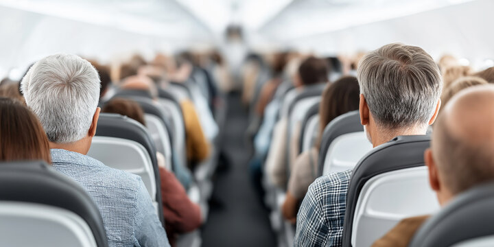 Passengers traveling on an economy class airplane, looking down the long cabin aisle during flight journey