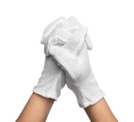 Woman in cloth gloves clasping hands on white background, closeup